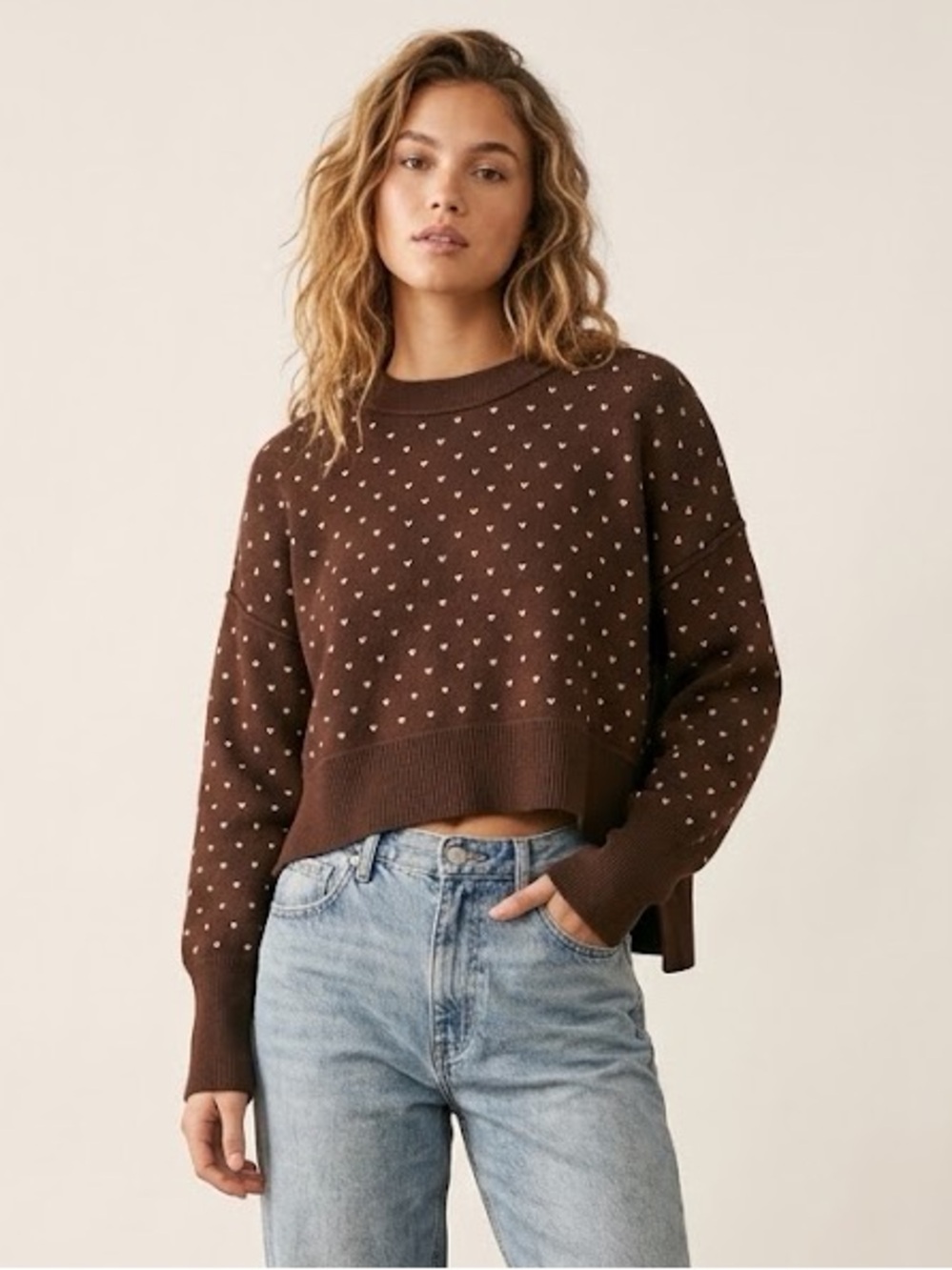 Pink Rose Brown Cropped Sweater size small Oversized Loose Fall Winter Cozycore